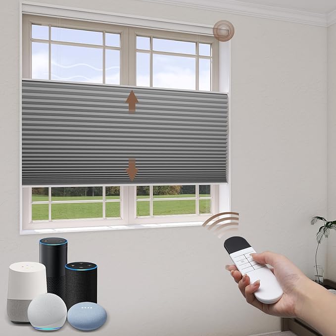 LEXEN Smart Top Down Bottom Up Honeycomb Shades WiFi Enabled Motorized Cellular Blinds Compatible with Alexa/Google Home Double Cellular Fabric Blackout Insulated Custom Sizes-Grey
