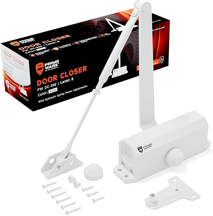 PrimeWare DC-300 Automatic Adjustable Door Closers for Home | Soft Close, No Slam | Residential and Commercial Door Closer | Level 3 | for Doors Weighing 90-140 lbs | Hydraulic Door Spring - White
