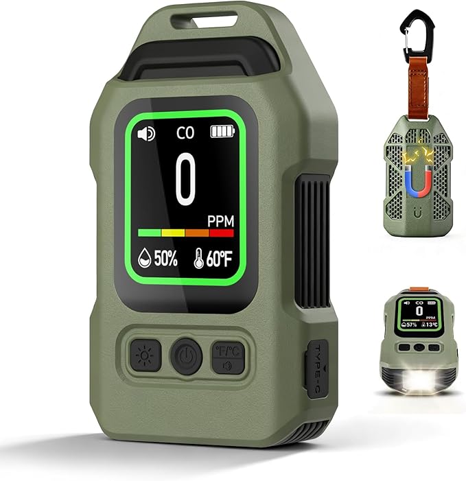 Lwuey Portable Carbon Monoxide Detector for Travel, Professional 4-in-1 Square CO Monoxide Monitor with Audible and Visual Alarm Rechargeable Backlit LCD Screen 300HR Standby for Home Car Camping Tent