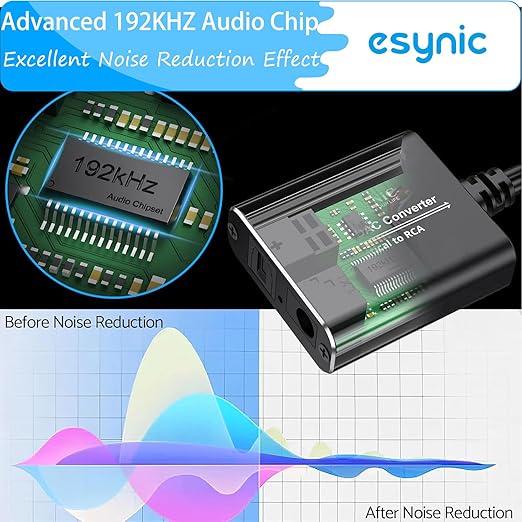 eSynic Portable Optical to RCA Adapter-7 FT Long-Built-in DAC Chip-Easy to Setup-192KHZ Digital to Analog Converter-Aluminum Shell-from HDTV/Blu-ray/DVD/Gaming Consoles to L/R Stereo Audio System