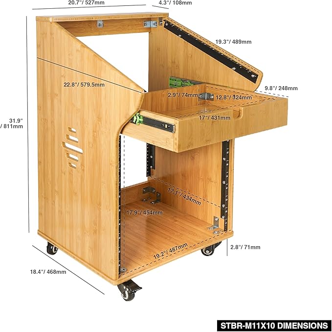 Sound Town DIY Solid Carbonized Bamboo Studio Rack with 11U Slant Mixer Top, 10U Front, 2U Drawer, Rubber Feet, Casters, for Recording Room, PA/DJ Equipment, Home-Audio (STBR-M11X10)