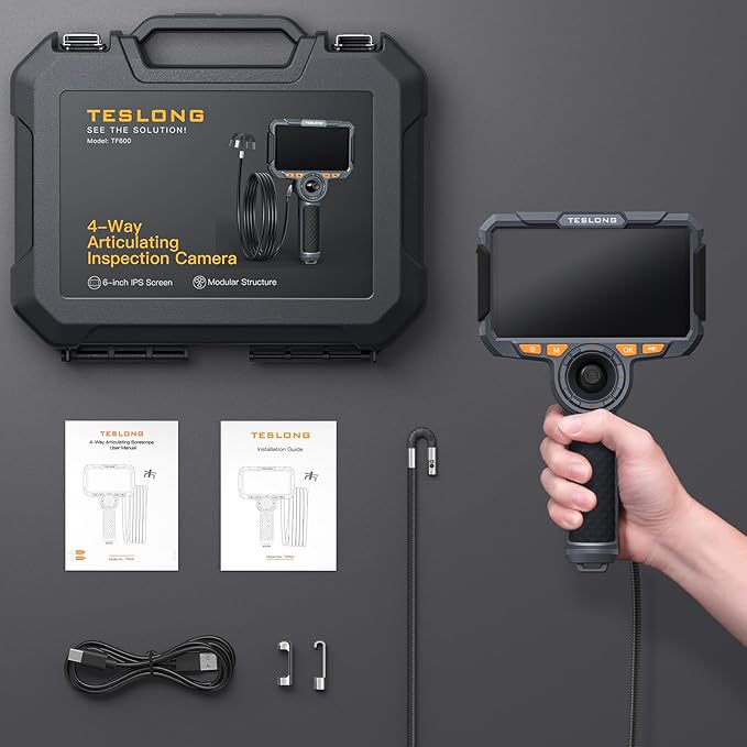 360 Articulating Borescope with 6” Monitor, Teslong Mechanics Inspection Camera with 4-Way Joystick Articulation, HD Steerable Endoscope Camera with Light, See in Wall Engine Hole Camera(0.24inch-5FT)