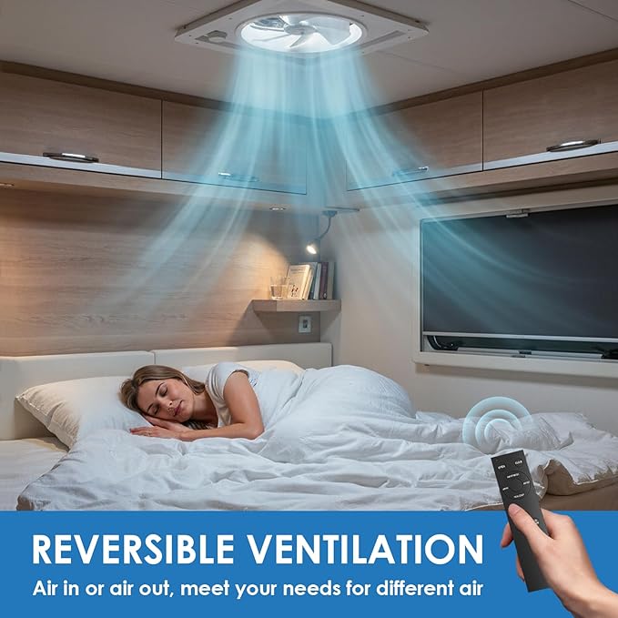 2012 Air Max 14" Vent RV Roof Vent Reversible Exhuast Fan, Ultra Low Sound RV Air Ventilation Ceiling Fan 12V Remote with Rain Sensor