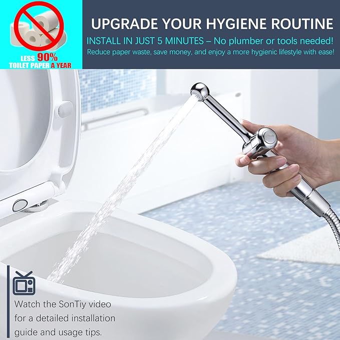 SonTiy Handheld Bidet Sprayer for Toilet, Adjustable Water Pressure Control Cloth Diaper Sprayer with Bidet Hose, Brass Hand Held Bidet Attachment Jet Spray for Toilet with Backflow Preventer, Chrome