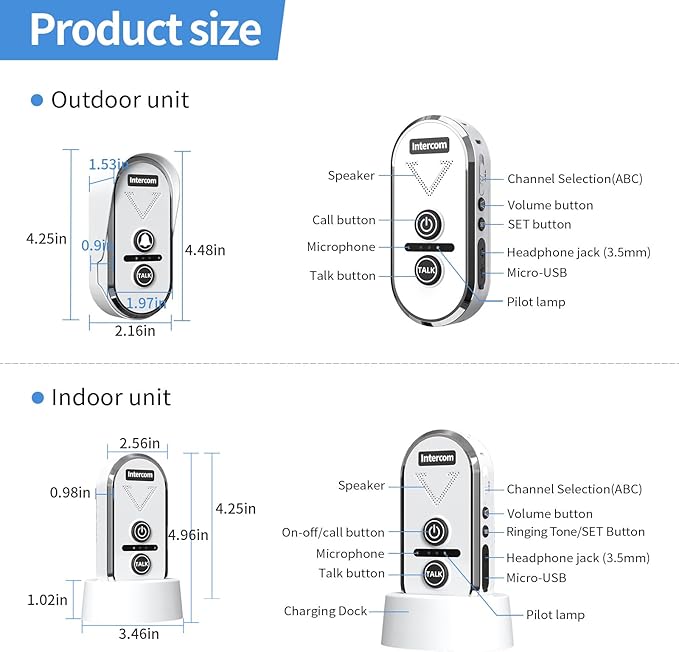 PANDAAR Doorbell Wireless for Home, Wireless Intercom System 4900ft Long Range Waterproof Doorbell Intercom with Rechargeable Battery for House Classroom Business(Black) (1 Indoor&1 Outdoor-White)