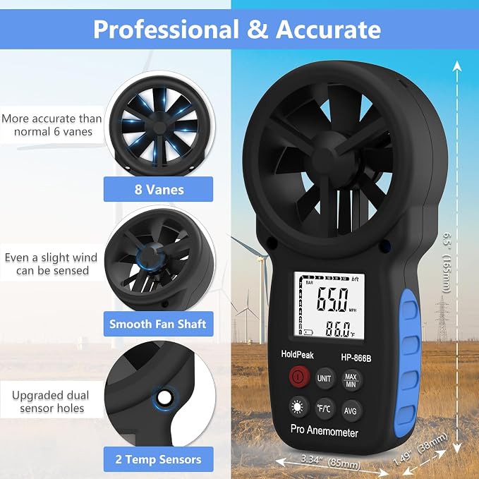 HoldPeak Handheld Anemometer Bluetooth, Digital Wind Speed Gauge Meter - Image 4