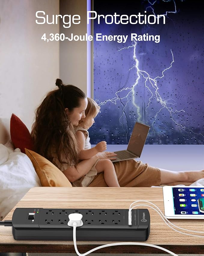 Witeem Surge Protector Power Strip - 12 Outlets,4 USB 6A Ports, 6Ft Extension Cord, 1875W/15A, 4360Joules, Overload Protection - Ideal for Home & Office Use (Black-USB6A)