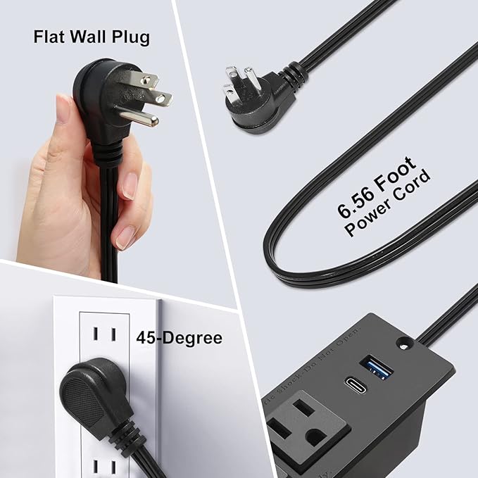 USB C Recessed Power Strip Fast Charge Desktop Power Station 2 Outlets 2 USB (PD20W & QC18W, Total 20W) Mountable Flat Plug Extension Cord Mount for Tabletop Sofa Cabinet Nightstand (USB C Black)