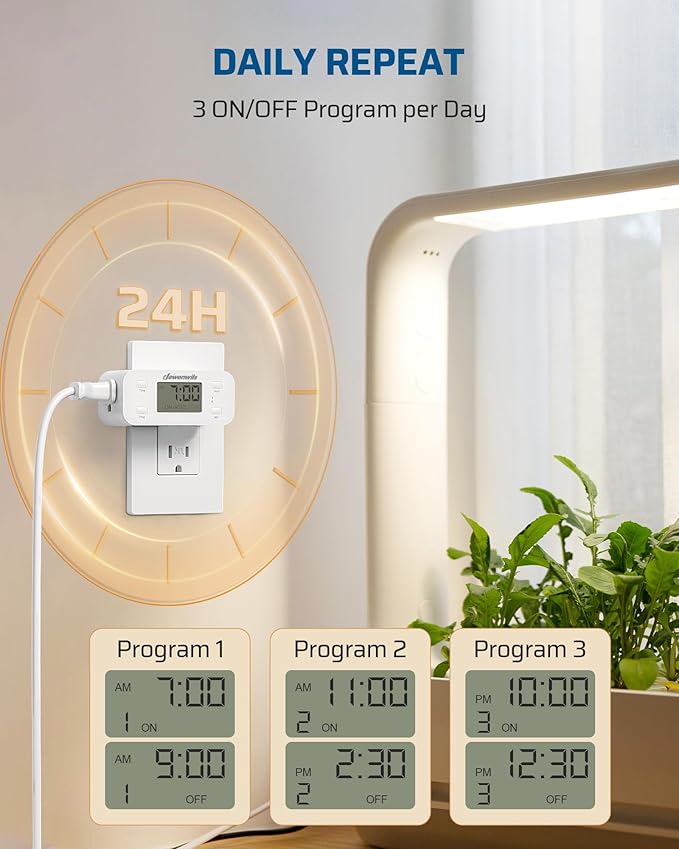 DEWENWILS 24 Hour Programmable Digital Timer Outlet, 2 Pack Timers for Electrical Outlets, Light Timer for Indoor Lamp Fan Aquarium, 1 Grounded Outlet, 125V/15A/1000W, 3 Prong, 1/2 HP