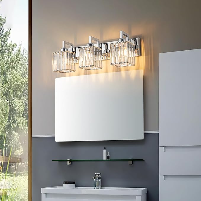 FDPBY Modern Bathroom Vanity Light 3-Lights Chrome Crystal Wall Lamp Bathroom Modern Crystal Vanity Lighting