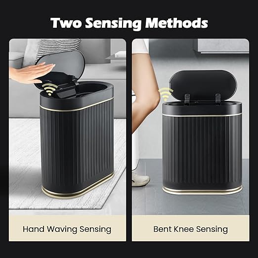 Bathroom Sensor Trash Can with Lid Automatic 2 Gallon Small Sensor Garbage Bin, 7.5 Liter Motion Sensor Smart Rubbish Bin Bathroom Decor, Slim Waterproof Plastic Garbage Can, Black Gold