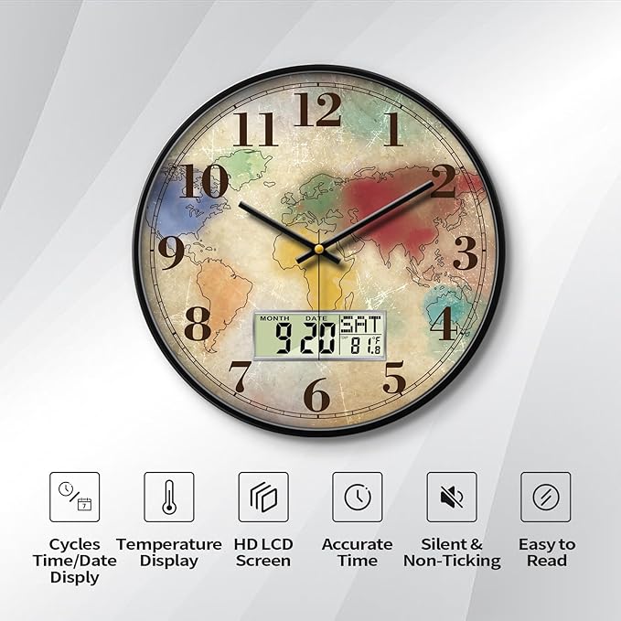 Modern Round Retro Digital and Analog Wall Clock Silent Calendar Colorful World Map Vintage Clocks with Date and Temperature Week Quiet Non-ticking Kid Room Office Kitchen Decor for Bedroom 14 Inch
