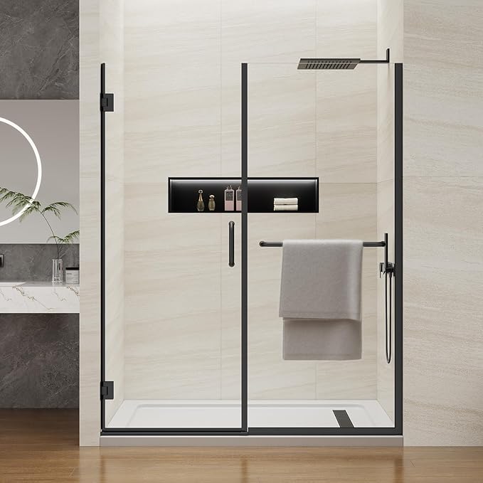 Pivot Swing Shower Door, Adjustable Width 58.9-60" W x 74" H Semi-Frameless Shower Glass Door with 5/16 in (8mm) Clear SGCC Tempered Glass with Nano Easy-Clean Coating (Matte Black with Towel Bar)
