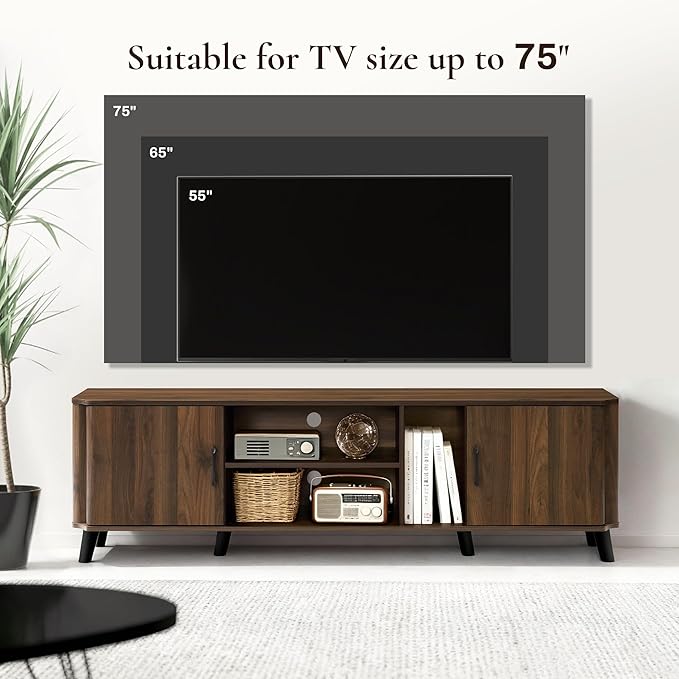 LuxenHome 70 Inch TV Stand, Mid Century Modern TV Stands for Living Room for TV Up to 75", Walnut Media Console Entertainment Center with Storage, Brown TV Consoles for Living Room with Curved Edge