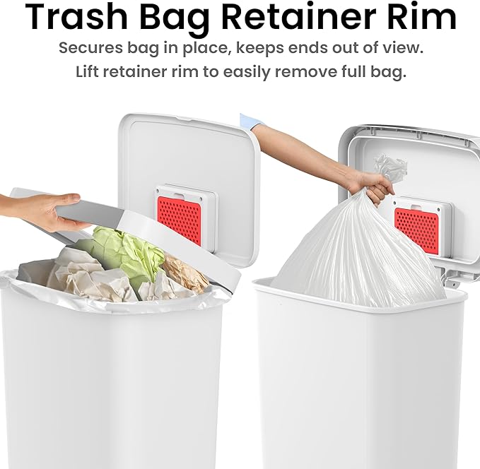 iTouchless SoftStep 13.2 Gal / 50L Step Pedal Kitchen Trash Can with Odor Filter, Durable Dent-Proof Construction and Stainless Steel Trim, Garbage Bin with Lid for Home Office, Bedroom, White Plastic