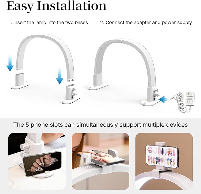 Half Moon Light for Nail Desk, Portable Nail Light for Desk with Phone Holder, Stepless Adjustment of Brightness and Color Temperature, Desk Lamp for Nail Tech, Eyelash, Tattoo, Makeup (White)
