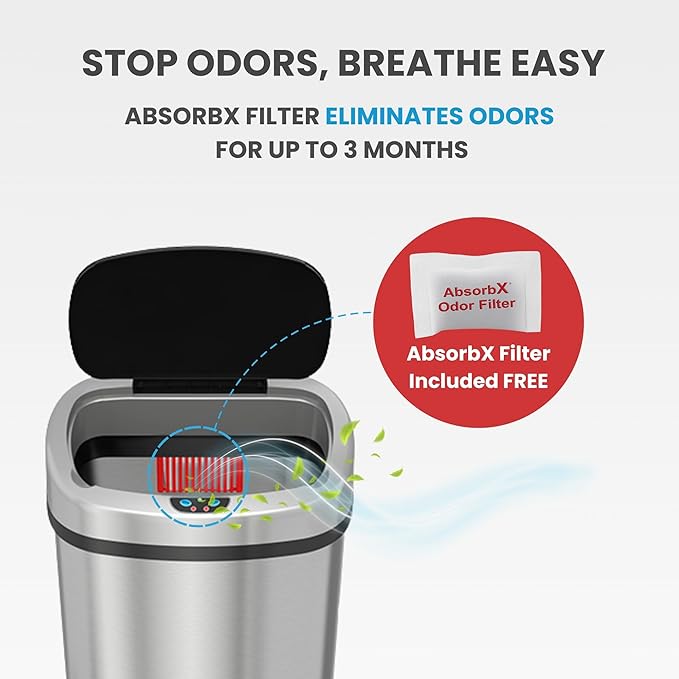 iTouchless 13 Gallon Sensor Kitchen Trash Can with Lid and Odor Filter, Stainless Steel Oval Automatic Trashcan for Home Office Bedroom Living Room Garage Large Capacity Slim Space-Saving Trash Bin
