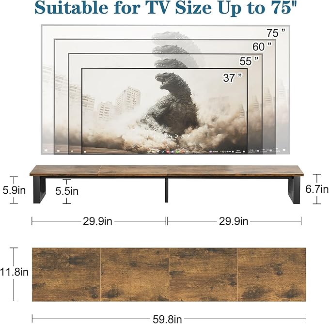 aboxoo 59" Large TV Riser Stand for 32-75 Inch TV, TV Shelf with Steel Legs, Tabletop TV Riser for Home Living Room, Study Office (Brown)