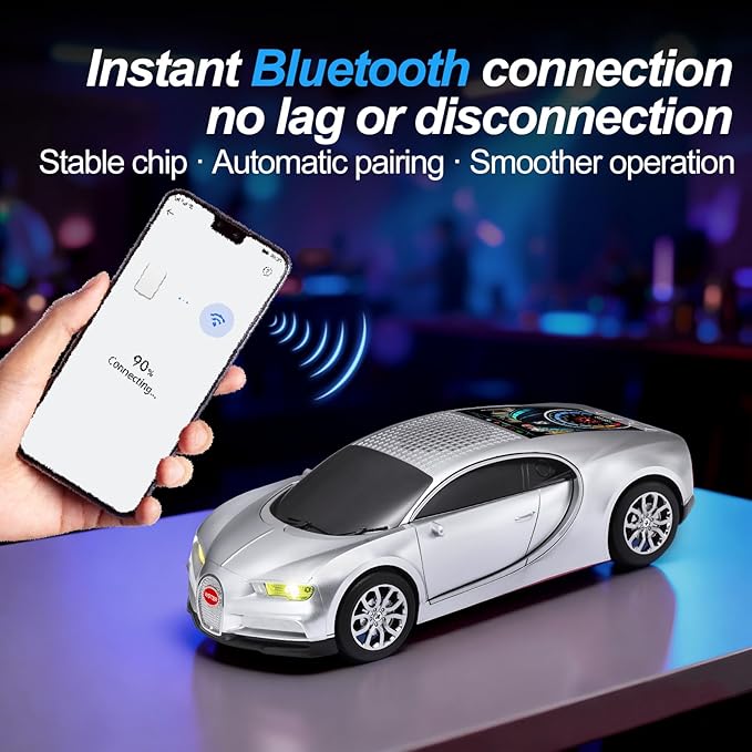 WSTER Luxury Sports Car Model Bluetooth Speaker with HD Sound, TWS Stereo Pairing, Display Screen, Built-in Microphone, Unique Bluetooth Car Speaker for Home, Party, Outdoor & Beach (Silver)