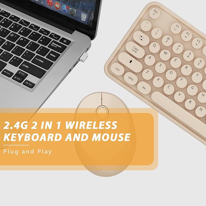 Wireless Keyboard,KOOTOP Cute Colorful 104 Keys Typewriter Retro Round Keycaps Keyboard for PC Laptop,Desktop,Windows, Home and Office Keyboards, s500 coffee