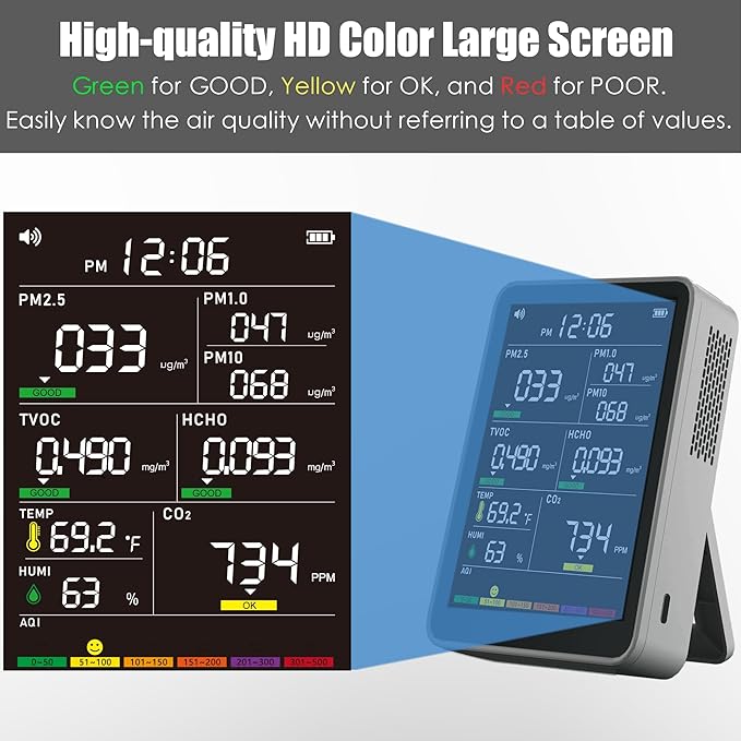 Professional Indoor Air Quality Monitor with AQI Alarms, Portable Real-Time Detector for Home Cars Plants and Pets (Cold Grey)