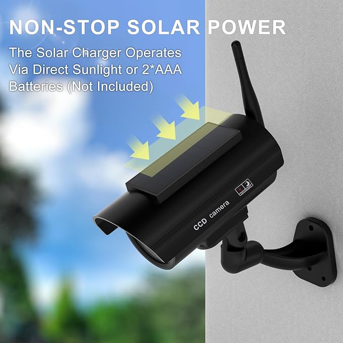 WALI Dummy Fake Camera, Solar Powered Fake Security Camera with LED Light, Simulated Surveillance Security CCTV Dome Cameras with Antenna and Warning Sticker Indoor Outdoor (SOL-TCB4), 4 Packs, Black