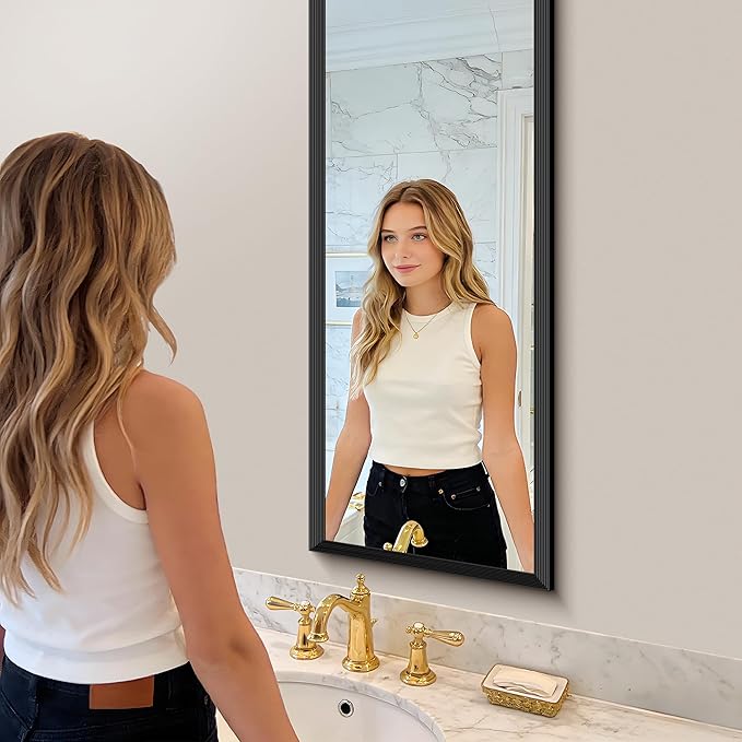 Black Bathroom Mirror 14 x 48 Inch Rectangle Wave Beveled for Wall Bathroom Vanity Mirror for Over Sink, Tempered Glass,for Entryway Hangs, Bathroom Living Room Horizontal or Vertical
