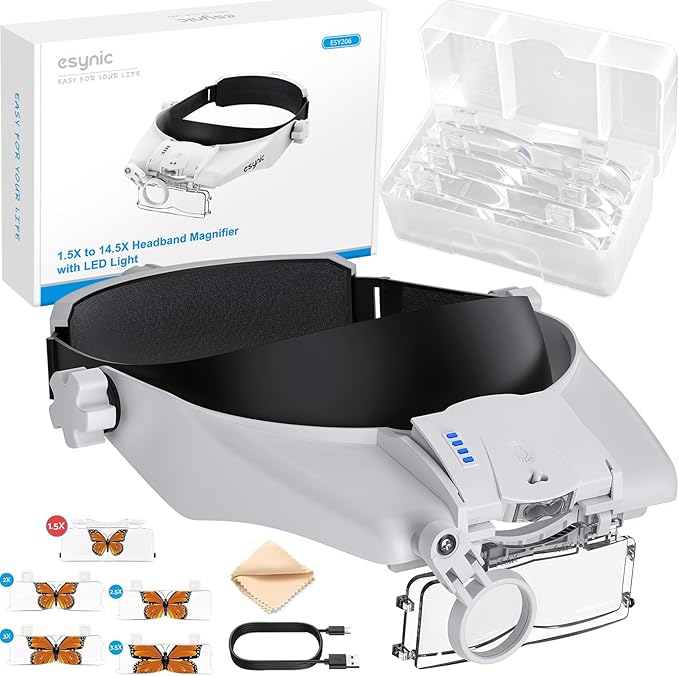 eSynic Head Magnifier with 2 LED Light-1.5X-13X Magnification with 5 Acylic Lens Set & Comfort Fit Design- 2 Level Brightness USB-C Rechargeable Headband, Hands-Free for Jewelry Repair/Reading/Crafts