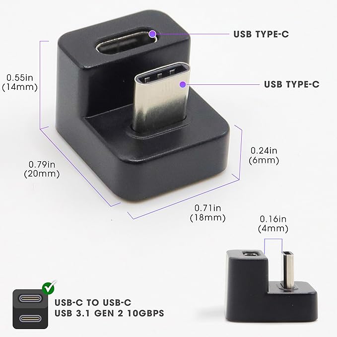 Kado 180 Degree USB Type-C to USB Type-C USB 3.1 Gen 2 10Gbps 60W Charging Adapter U Shaped USB-C to USB-C Extender Converter for Portable Monitor, Mobile, Laptop, Tablet, Switch and Steam Deck