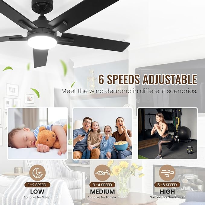SODSEA Ceiling Fans with Lights, 52 Inch Black Ceiling Fan with Light and Remote Control, Reversible, 3CCT, Dimmable, Noiseless, Small Ceiling Fan for Bedroom, Indoor/Outdoor Use