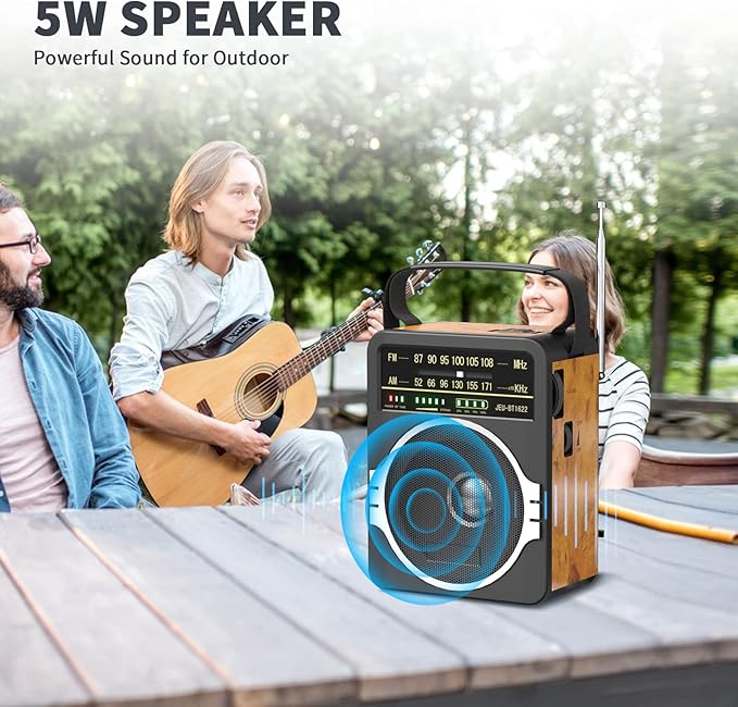 JEUJUG Portable AM FM Radio, Bluetooth 5.0 Radios 5 Watts Loud Speaker,FM Radio Built-in Rechargeable Battery/DC D*4 Cell Battery Operated & AC Power Plug in Wall Retro