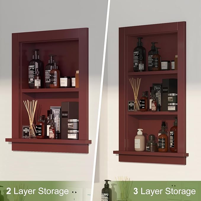Recessed Medicine Cabinet Inset,Bathroom Wall Niche Insert for Drywall,14x18 Bathroom Medicine Cabinet Shelf Wood Replacement,in Wall Cabinet with Storage for Restaurant/Kitchen,Brown