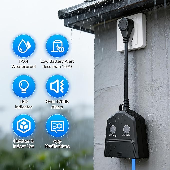 Sump Pump Alarm WiFi, Smart High/Low Water Level Alarm, Free App Notification & 120dB Alarm, Built-in Backup Battery, IPX4 Waterproof, with 10ft Float Switch for Basement Sump, Water Tank, Septic Tank
