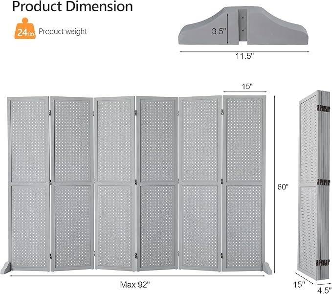 Bonnlo 4/6 Panel Pegboard Freestanding, 5 FT Portable Display Board Organizer for Craft Show Jewelry, Wooden Folding Privacy Screen Room Divider (Grey, 6 Panel with Base)