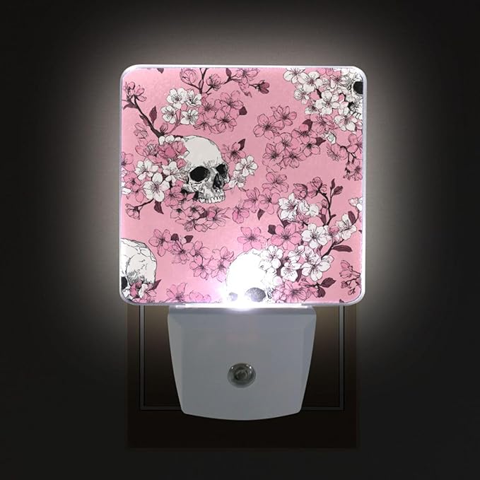 Pigsaly Led Night Light Pink Cherry Blossoms White Skulls Night Light Plug in Wall Lamp Smart Dusk to Dawn Sensor Nightlight Led Lamp Energy Saving Lights Gift for Kids Room Bedroom Bathroom Hallway