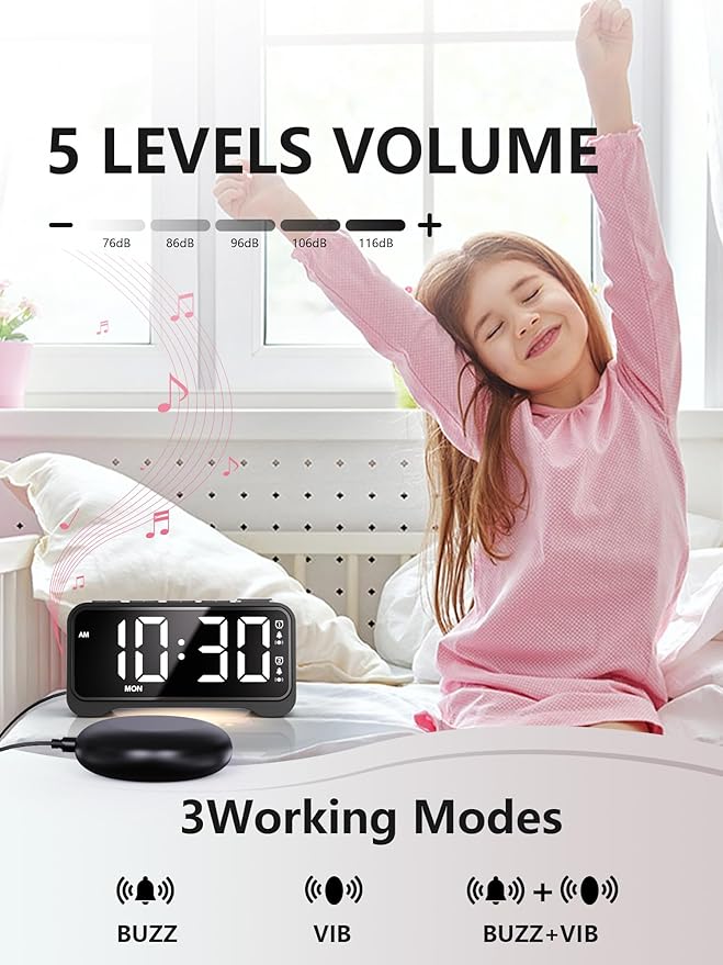 Vibrating Alarm Clock for Heavy Sleepers with Bed Shaker, Extra Loud Buzzer, Dual Alarms, Adjustable Night Light, USB Charging, Battery Backup, for Seniors, Teens, Hearing Impaired