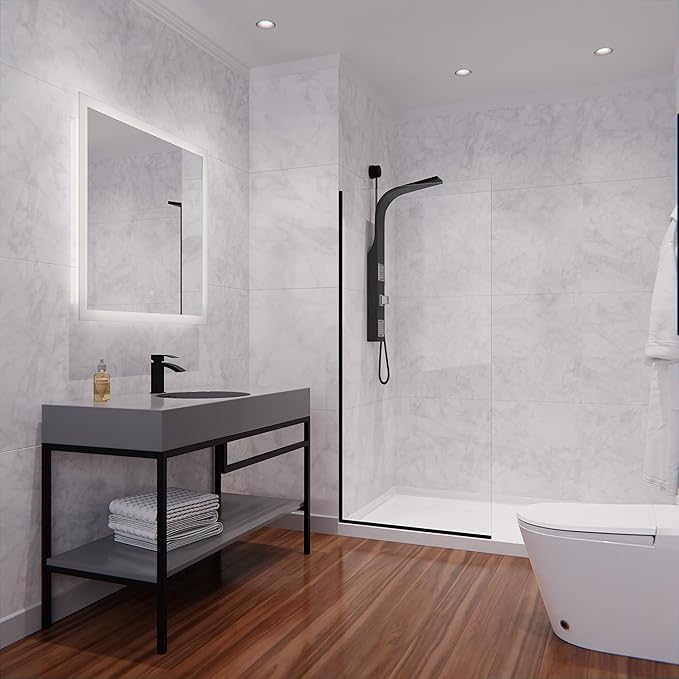 ANZZI 74 X 34 Inch Frameless Fixed Glass Shower Screen Shower Door in Matte Black | Screen Water Repellent Clear Tempered Glass Single Panel for Shower Room | Glass Screen Frame Hardware Complete Kit