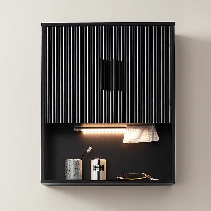 Modern Fluted Bathroom Wall Cabinet with Motion Sensor LED Light, Black Over The Toilet Storage with Tissue Dispenser, Soft-Close Hanging Medicine Cabinet with Adjustable Shelves & Open Rack