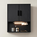 Modern Fluted Bathroom Wall Cabinet with Motion Sensor LED Light, Black Over The Toilet Storage with Tissue Dispenser, Soft-Close Hanging Medicine Cabinet with Adjustable Shelves & Open Rack