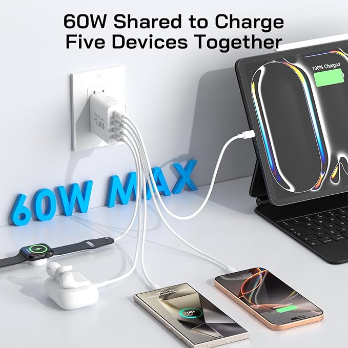 2Pack USB C Fast Charger Block, Total 60W 5-Port USB C Wall Charger with 6.6FT USBC to USBC Cord, 2USB C+3USB A PD 3.0 Multiport Charging Cube for iPhone 17 16 15 Pro Max, G-alaxy S25 S24 Ultra, i Pad