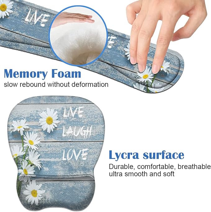 Mouse Pad Wrist Support and Keyboard Wrist Rest Set with Coasters, Dreamy Daisy Vintage Wood Board Live Love Laugh with Non-Slip PU Base Ergonomic Mousepad for Home Office Working Studying