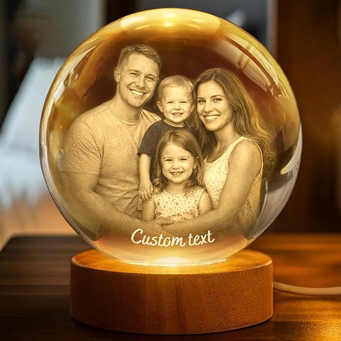 Herihues Personalized 3D Photo Crystal Ball, Custom Engraved Picture Lamp with Wood Base, Night Light for Couples, Gifts for Him Her Valentines Day, Anniversary, Personalized Gifts for Husband, Wife