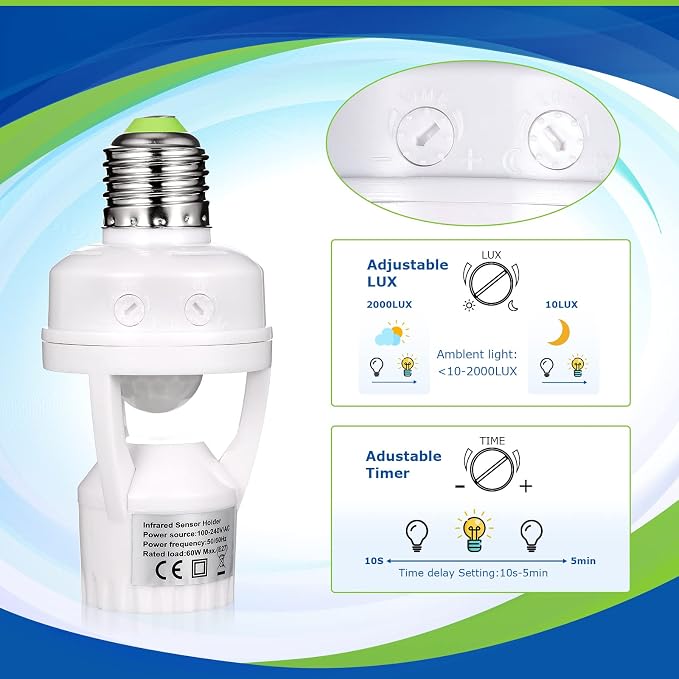 Hortsun 6 Pieces Motion Sensor Light Socket Smart Screw in Light Bulb Outlet - Image 6