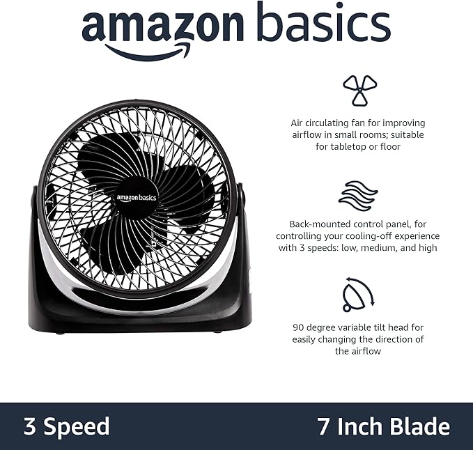 Amazon Basics Air Circulator Fan, Desk Fan for Bedroom, Home and Office, With 90-Degree Tilt Head, 3 Speed Settings, Lightweight (3 LBS), 35 Watts, Black, 11.1"W x 6.3"D x 10.9"H