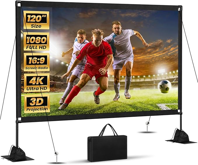 120inch Outdoor Projector Screen with Stand: 16:9 4K HD Portable Projector Screen Outdoor Indoor - Front/Rear Movie Screen with Carry Bag, Sandbag - Projection Screen for Backyard, Camping, Theater