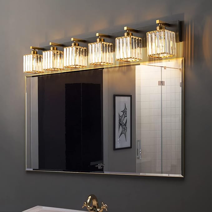 FDPBY Modern Bathroom Vanity Light 6-Lights Black Gold Crystal Bathroom Wall Light Vanity Light Fixtures，44.09-inch Modern Minimalist Design