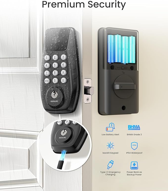 DESLOC C100 Plus Built-in WiFi Smart Lock, Keyless Entry Door Lock with Display, Keypad Deadbolt for Front Door, App Remote Control, Anti-Peeping Password, BHMA Grade 3, Black