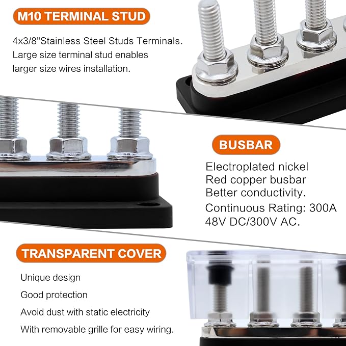AMOMD 300A Bus Bars 4 Terminal Studs (3/8 inch) M10 Nickel Plated Copper Distribution Block Negative Electrical Buss Bars 12-48 V DC with Cover for Trailer Marine Boat Car RV (Black)
