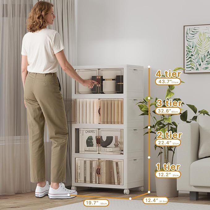 Extra Large Stackable Storage Bins with Lids & Wheels, 440QT-55QT/30GAL*8Pack Foldable Collapsible Closet Organizers Storage Cabinet with Doors for Bedroom Dorm