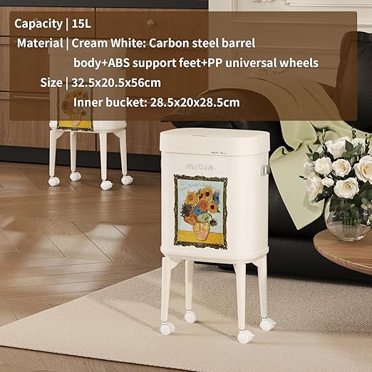 MRBIN Metal Motion Sensor Kitchen Trash Can with Wheel Legs, 15L / 4gal Metal Slim Trash Can, Pet Proof Tall Narrow Garbage Pail for Vanity, Bedroom, Bathroom, Living Room, Sunflower